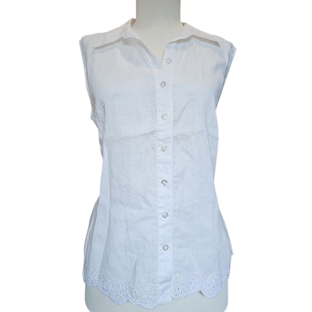 Carole Little 100% Linen Top Womens Large White Button Up Sleeveless Collar